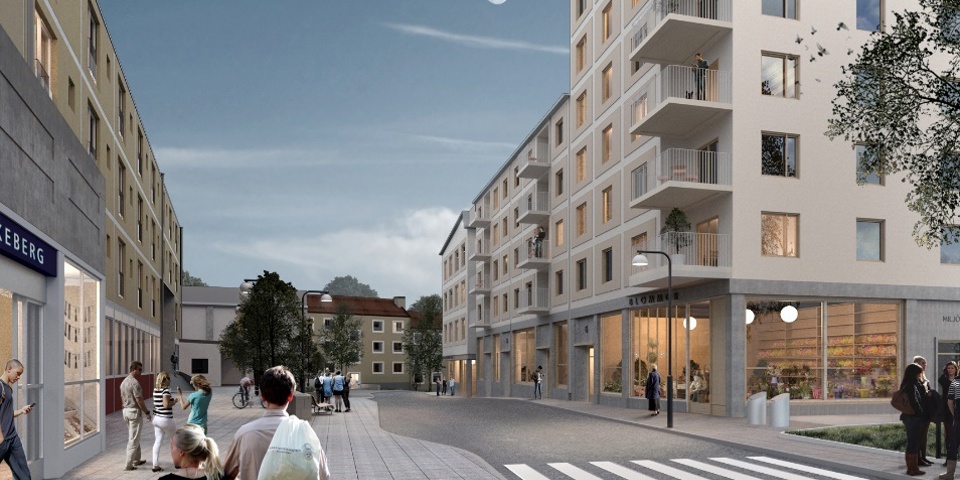 Vy över höga bostadshus och gata med människor  intill Blackebergs torg och tunnelbana. Illustration